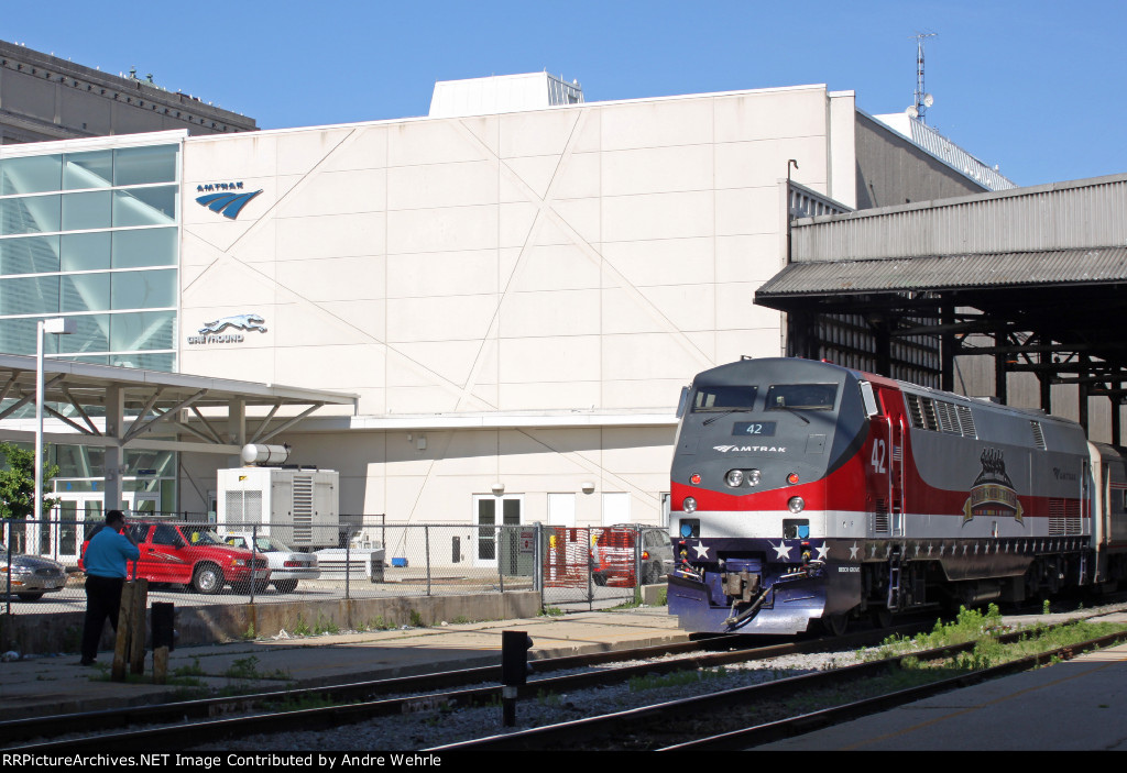 Wide view of AMTK 42 peeking out of the Milwaukee Intermodal Station